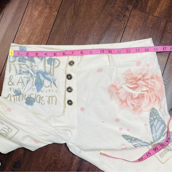 Made in Italy Summer pants CRUSH jeans white flower rose butterflies writing - Picture 8 of 17